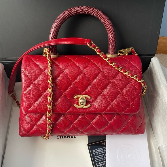 Chanel Caviar Red Mini Coco Handle Bag Lizard - Picture 10 of 12